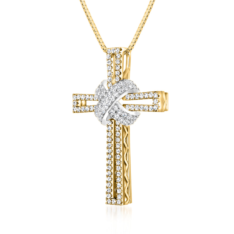 Two-tone 14kt gold diamond cross pendant necklace, angled side view with bail
