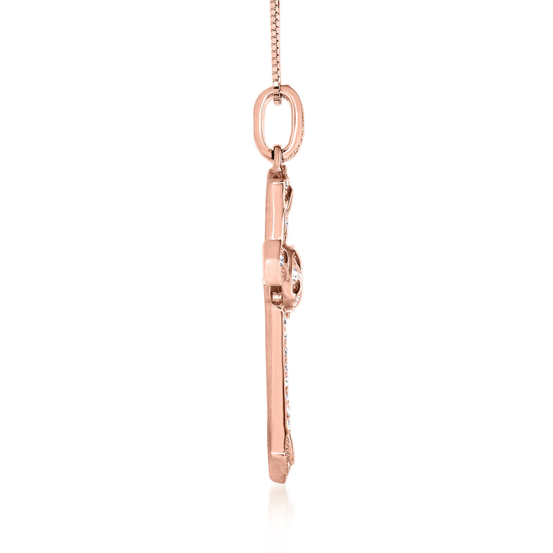 Rose gold diamond cross pendant necklace side view with bail and clasp link