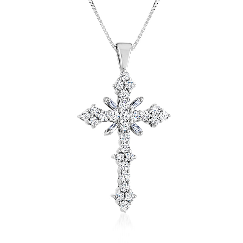 14kt white gold diamond cross pendant on a link chain with round stone accents