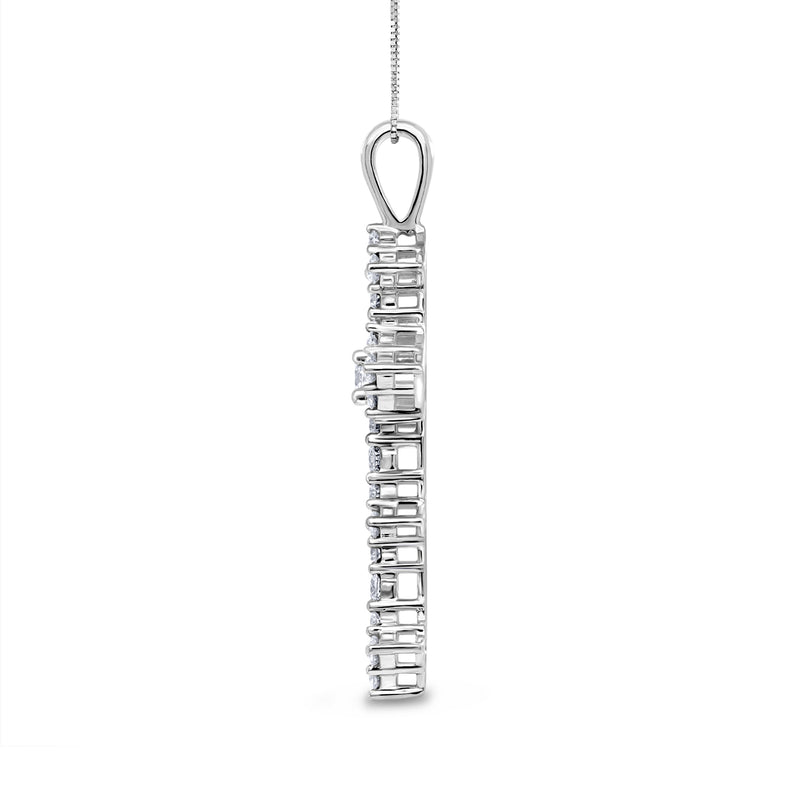 14kt white gold diamond cross pendant with vertical rows of stones and a loop bail