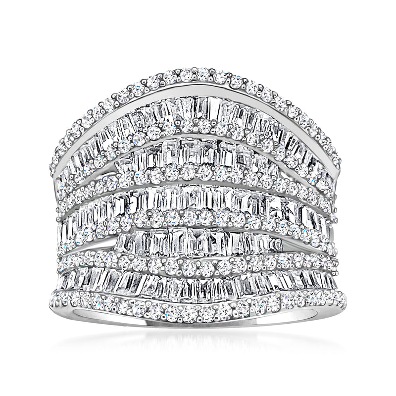 14kt white gold diamond multi-row ring with baguette and round stones