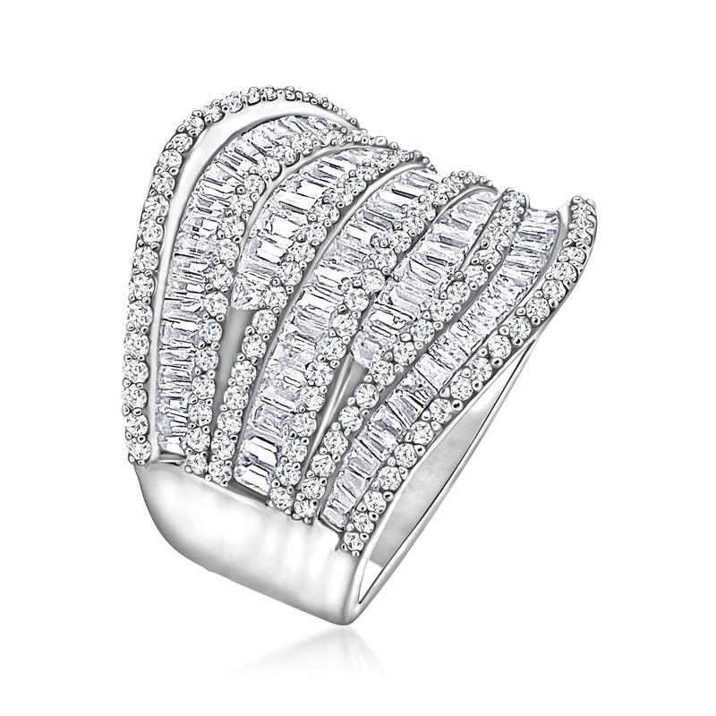 14kt white gold diamond multi-row ring, stacked curved rows of stones