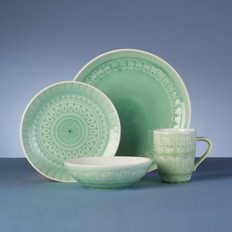 Mint green stoneware 16-piece dinnerware set for 4 with plates, bowls, mug