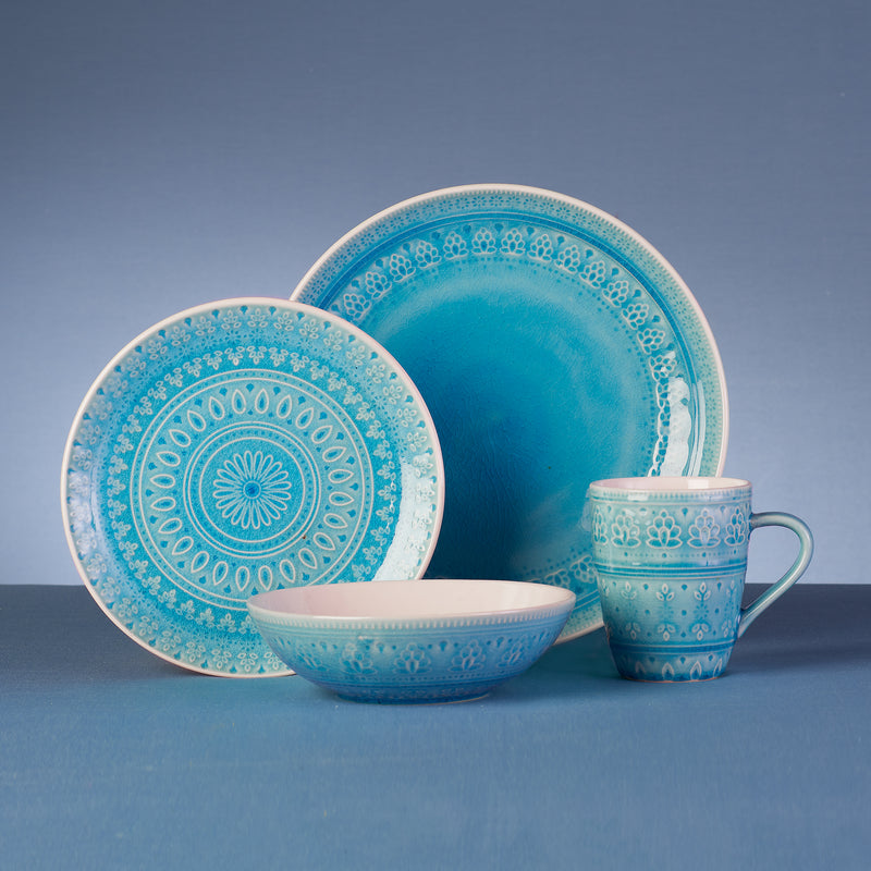 Turquoise stoneware dinnerware set for 4 with plates, bowls, and mugs