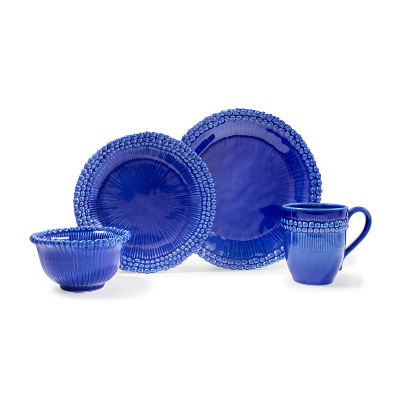 Blue ceramic dinnerware set for 4 with plates, bowls, and coffee cups