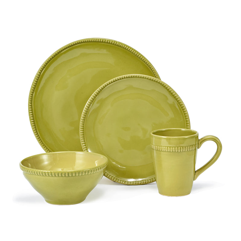 Green ceramic dinnerware set with plate, bowl, and mug featuring beaded rim detail