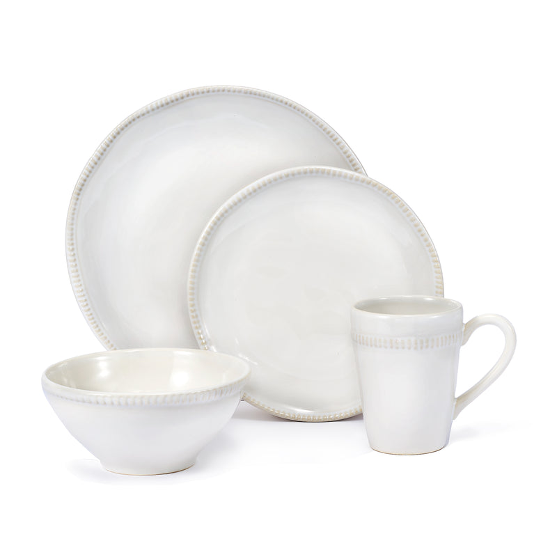 White 16-piece dinnerware set with plates, bowls, and a mug; blue trim.