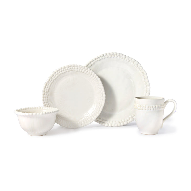 White dinnerware set with beaded rim: dinner plates, bowl, and mug