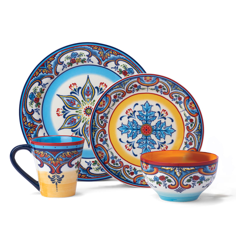 Multicolored stoneware dinnerware set with blue, orange, and floral patterns: plate, bowl, mugs