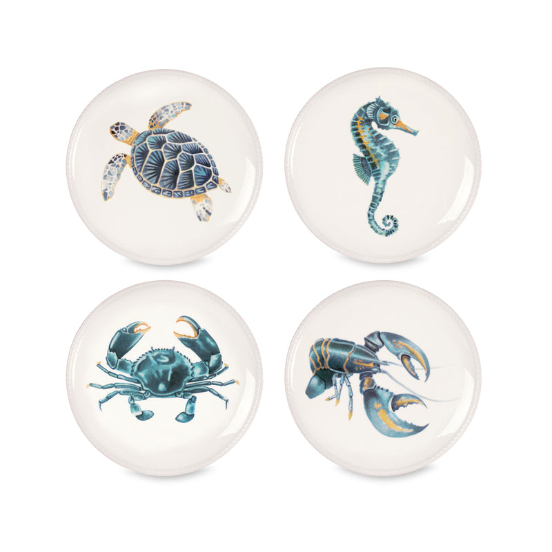 Fitz and Floyd porcelain plate set with sea turtle, seahorse, and crab illustrations