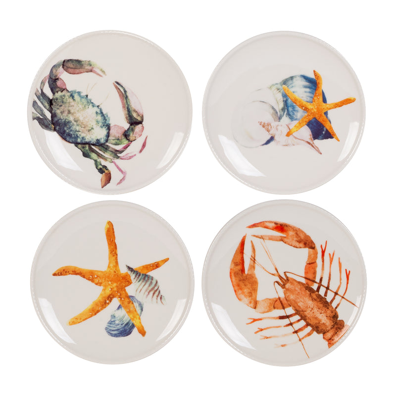 Set of 4 accent plates featuring sea crab and starfish on white