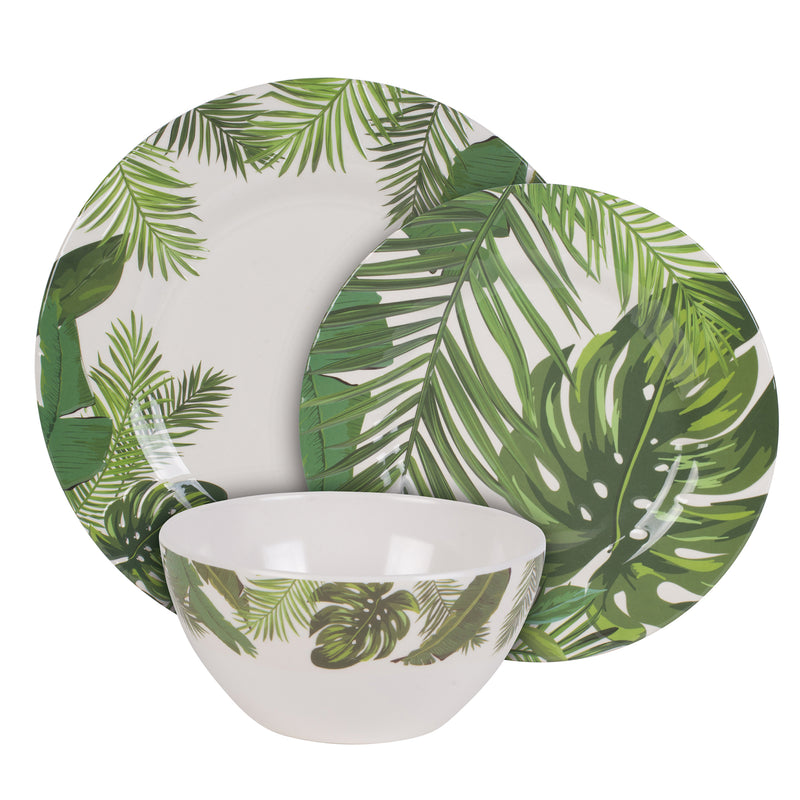 Tropical leaf dinnerware set with dinner plates and bowls, white with green foliage