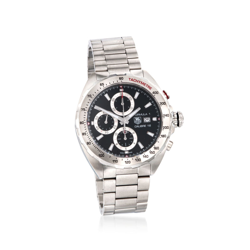 Stainless steel chronograph watch with black dial, red tachymeter bezel, link bracelet.