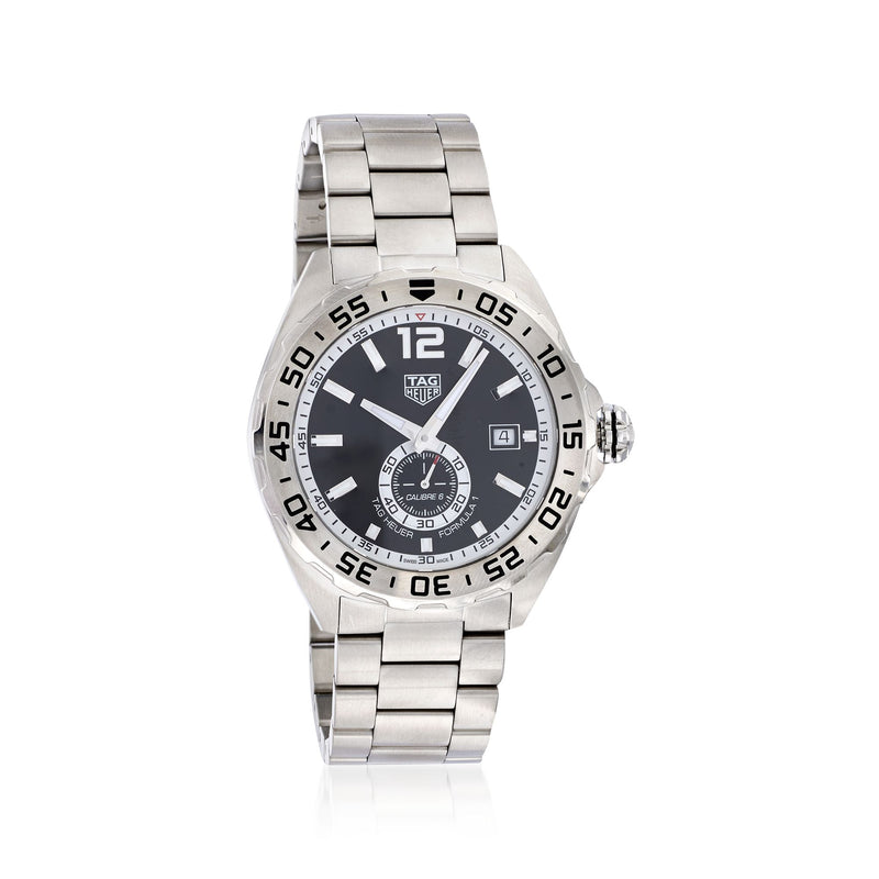 TAG Heuer stainless steel automatic men’s wristwatch with black dial and marked bezel