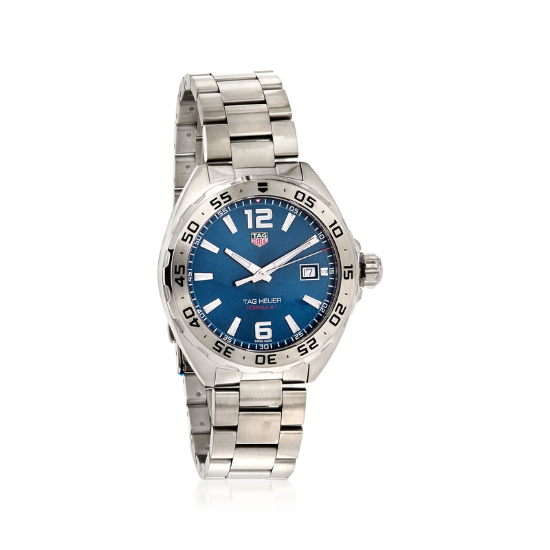 Men's stainless steel wristwatch, blue dial, metal bracelet, bezel with minute markers