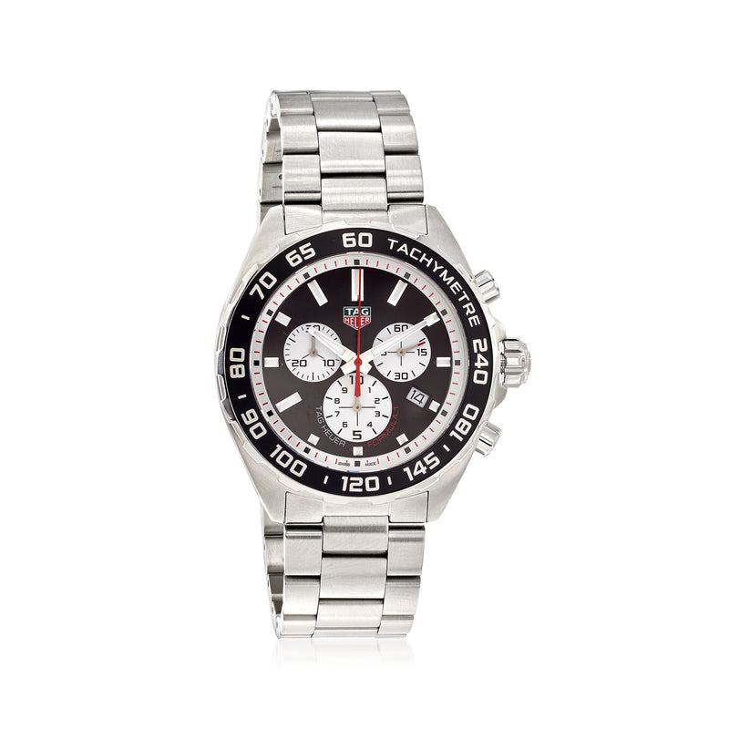 Men's stainless steel chronograph watch, black dial, tachymeter bezel, 3 subdials