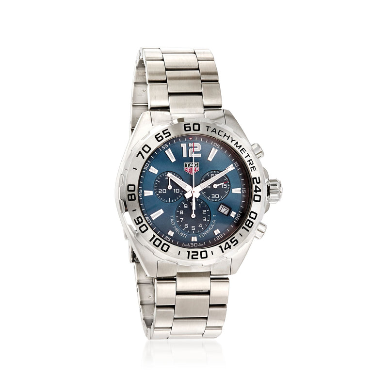 Men's stainless steel chronograph watch with blue dial and linked bracelet
