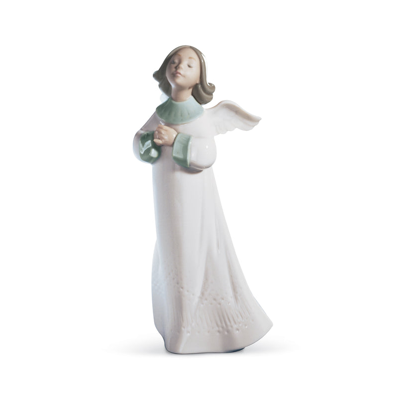 Lladro angel wish porcelain figurine, white gown with green sash and wings, hands posed forward