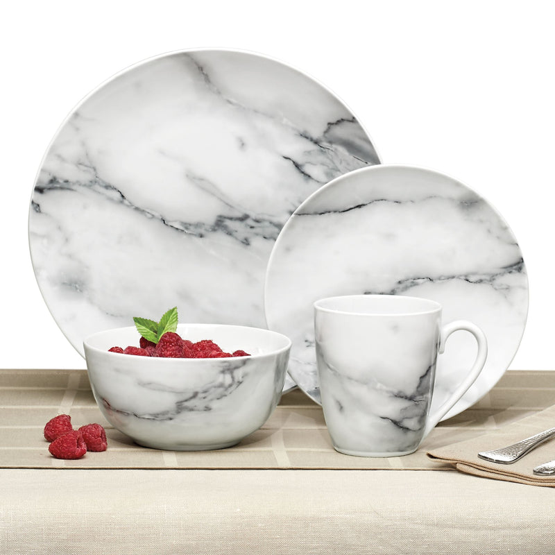 Marble-style porcelain dinnerware set with plate, bowl, and mug in white gray veining
