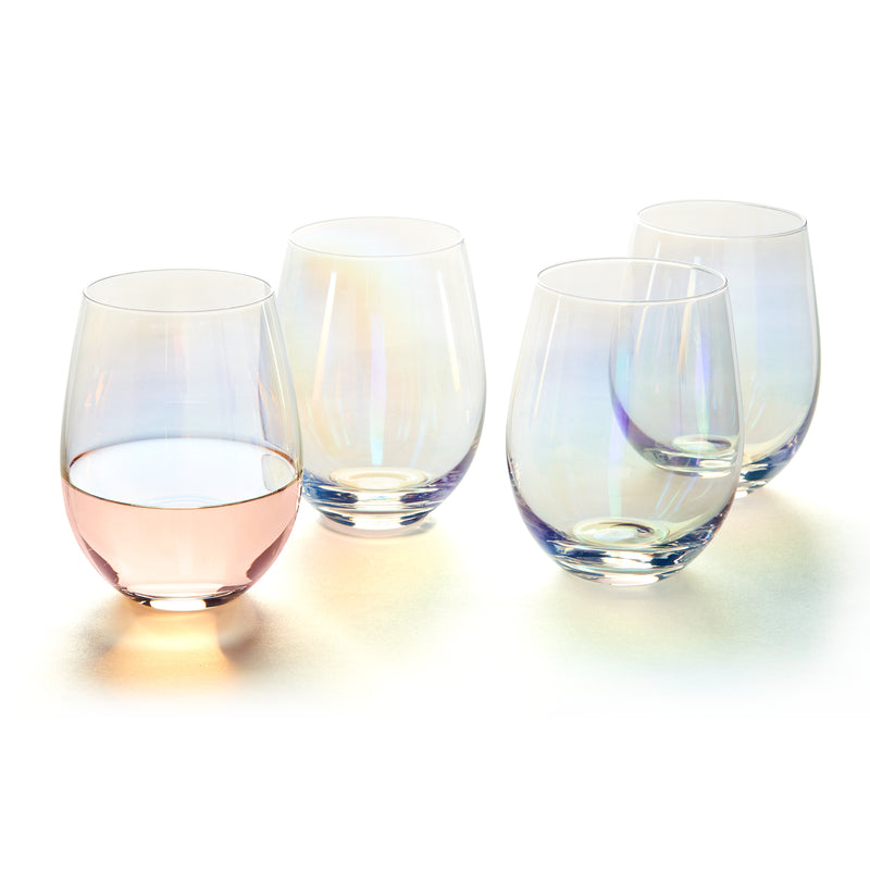 Iridescent stemless wine glass set with colorful iridescent finish, rounded bowl