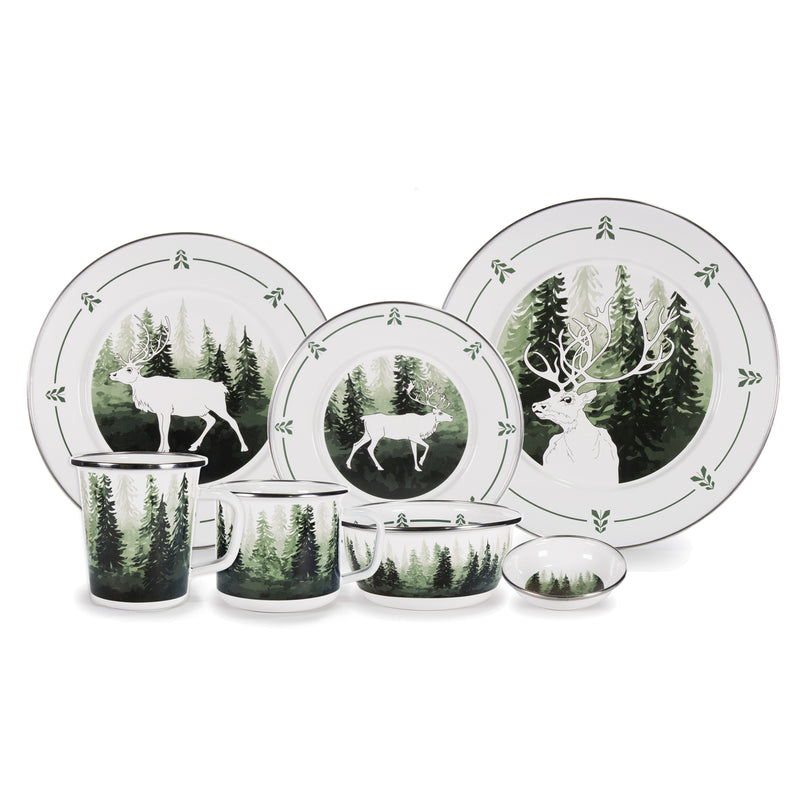 Forest Glen themed dinnerware set with deer and pine design, includes plates, bowls, and mugs