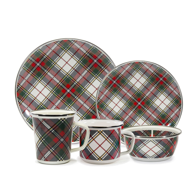 Highland plaid ceramic dinnerware set, red green tartan plates and mugs with handles