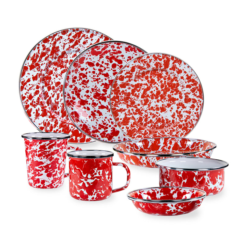 Golden Rabbit Swirl red dinnerware set with speckled plates, bowls, and mugs