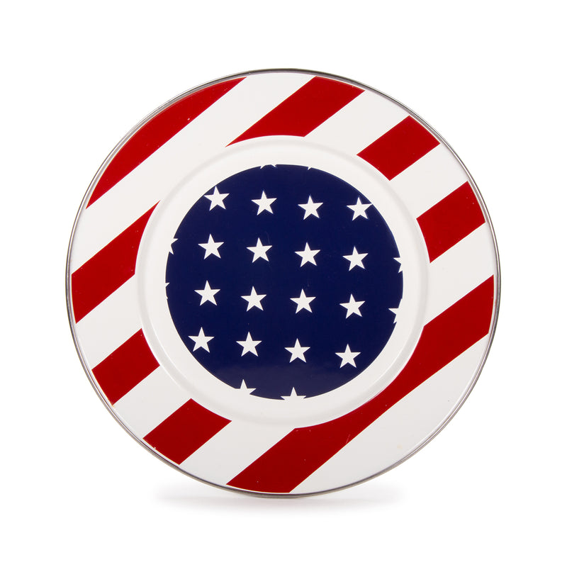 Golden Rabbit Stars and Stripes dinner plate, red/white stripes with blue star center