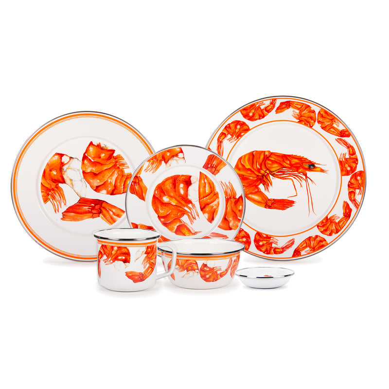 Shrimp-themed dinnerware set with orange rim, white plates, and small bowls