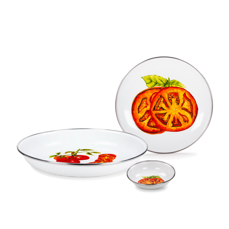 Golden Rabbit Tomatoes dinnerware with tomato graphics: white plates and small dish