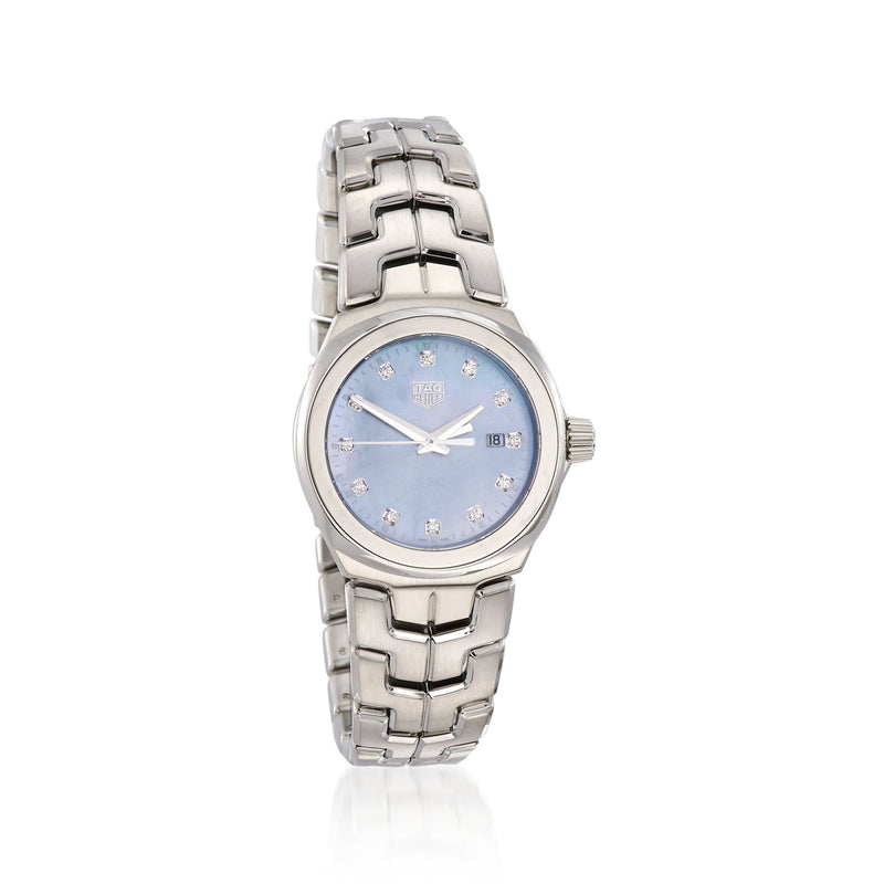 Stainless steel diamond wristwatch with blue mother-of-pearl dial and link bracelet