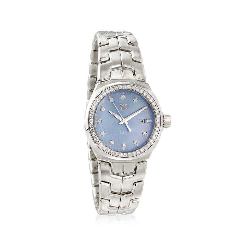 Stainless steel women's diamond bezel watch with blue dial and link bracelet
