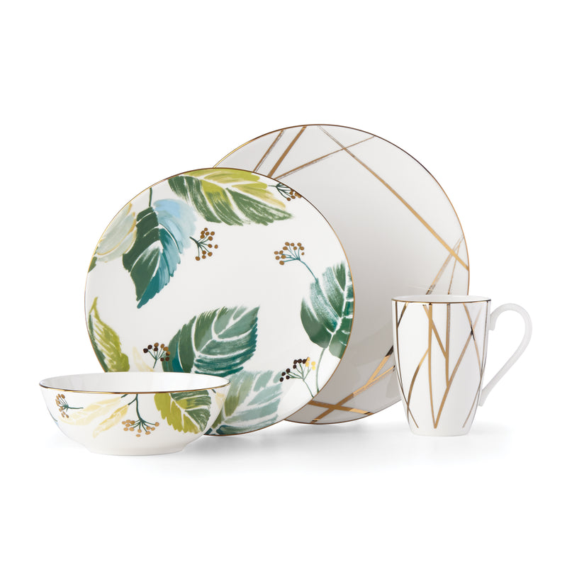 4-piece dinnerware set: green leaf floral plates, bowl, and gold-line mug