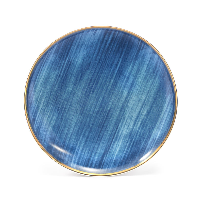 Blue porcelain accent plate with marbled texture and gold-tone rim