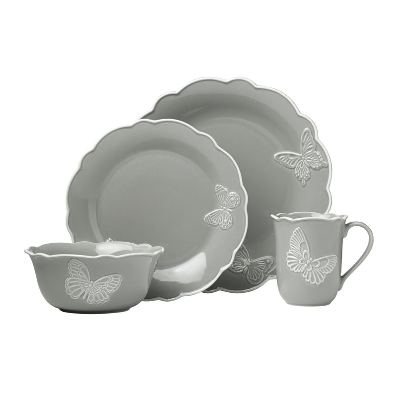 Slate gray stoneware dinnerware set with butterfly relief, scalloped edges: plate, bowl, cup