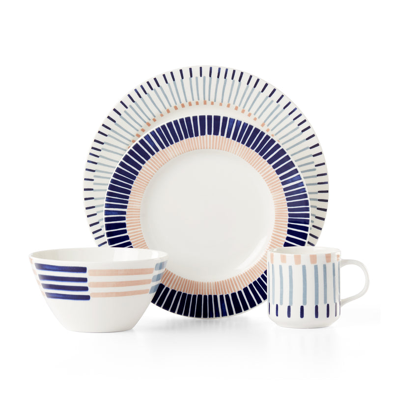 Brook Lane 4-piece ceramic place setting: navy and blue striped plate, bowl, and mug