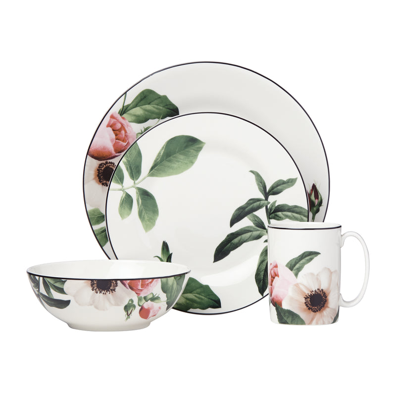 Kate Spade New York ceramic 4-piece place setting with floral leaves and pink flowers