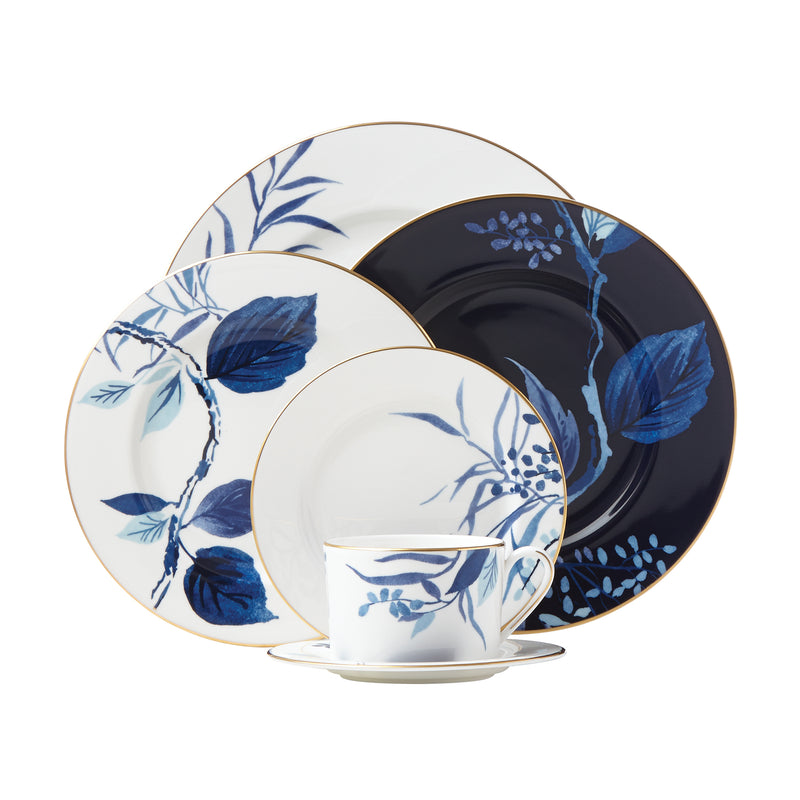 Indigo floral 5-piece place setting with dinner plate, salad plate, cup, and bowl