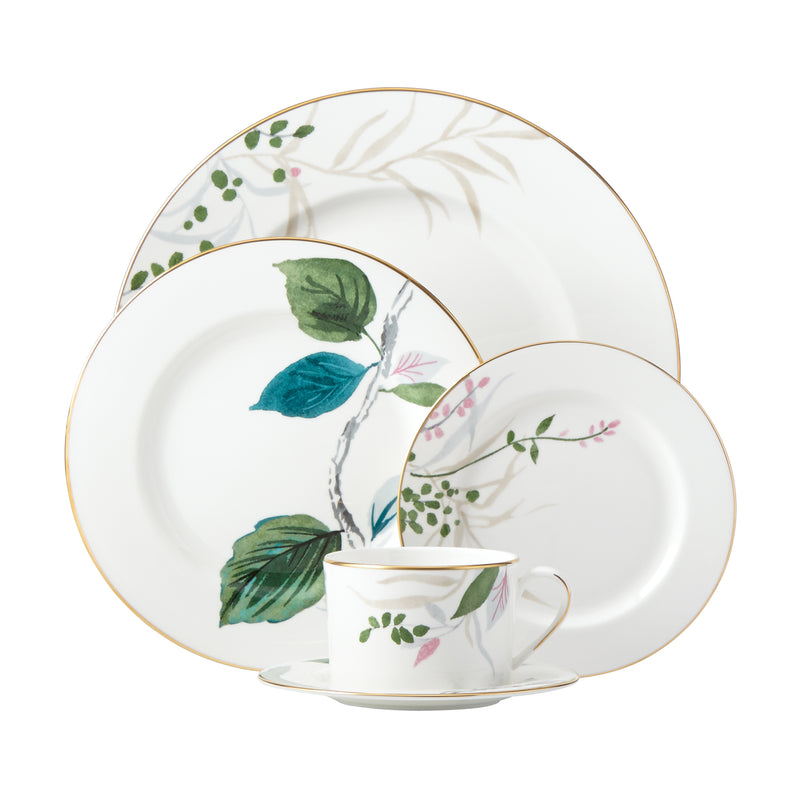 5-piece place setting with green leaf floral plates and teacup, gold rim