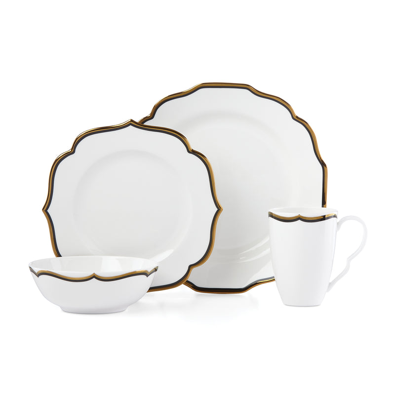 Lenox Contempo Luxe 4-piece place setting with gold-rim plates, bowl, and mug