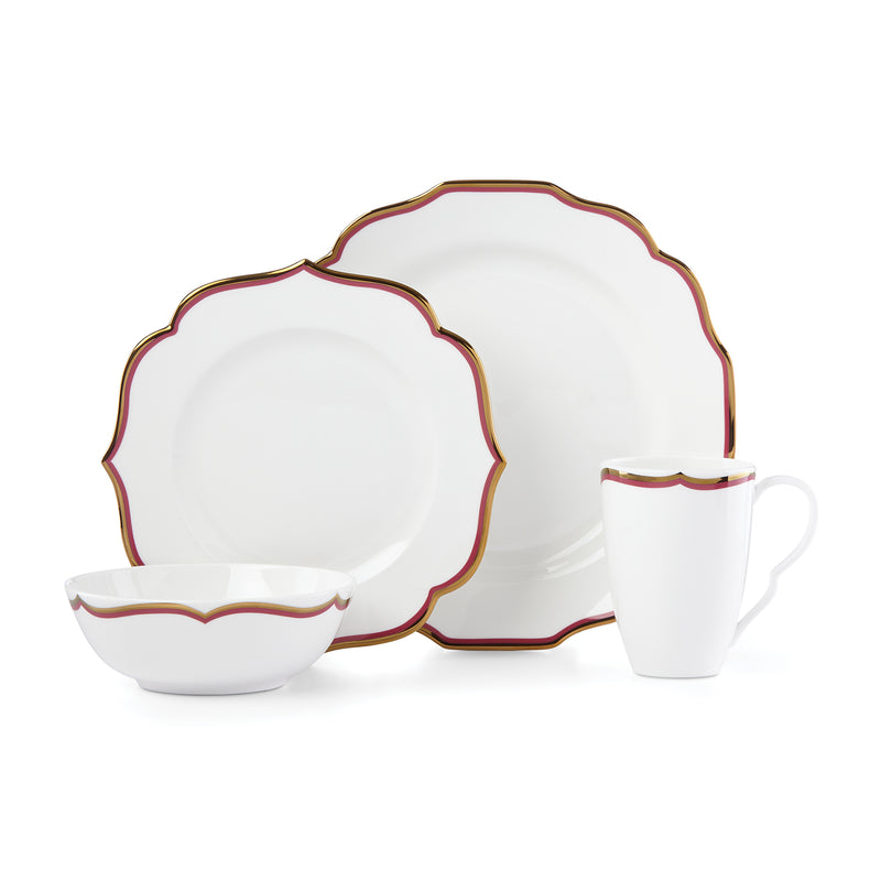 White ceramic dinnerware set with scalloped rims, red and gold trim: plate, bowl, mug