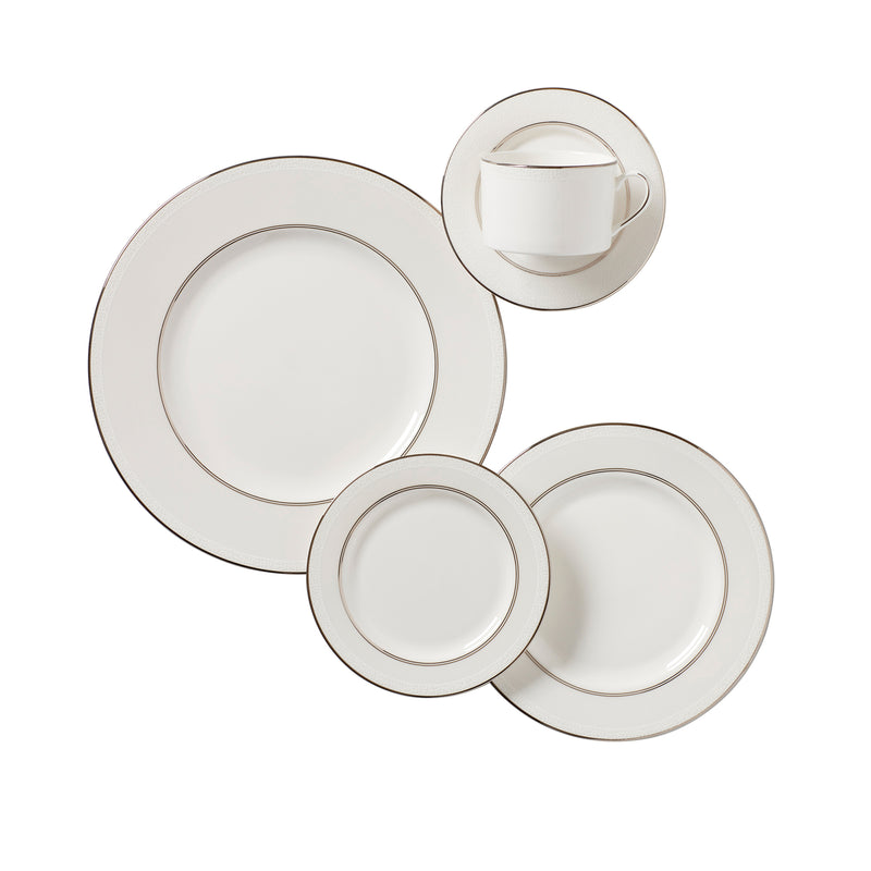 5-piece place setting dinnerware set: white plates, bowl, cup and saucer with gold rim
