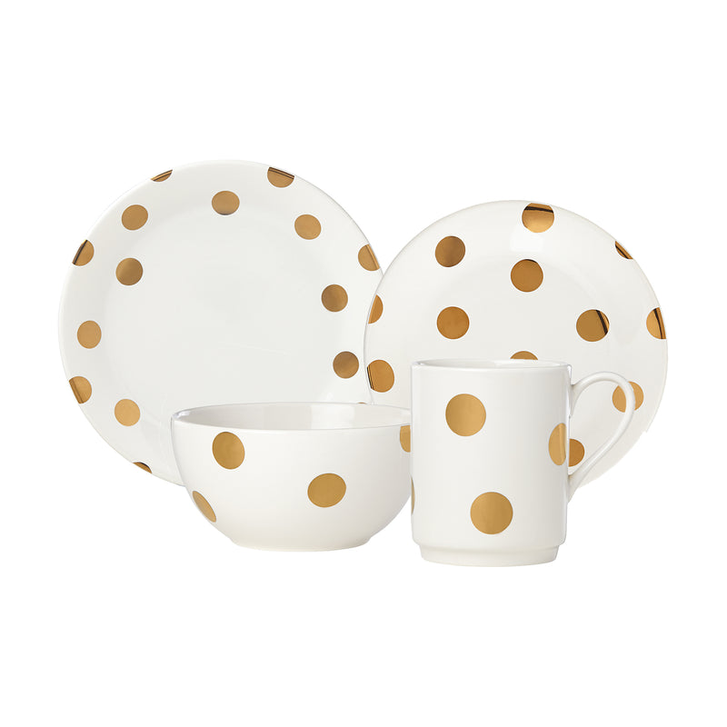 4-piece ceramic dinnerware set with white plates, bowl, and mug in gold polka dots