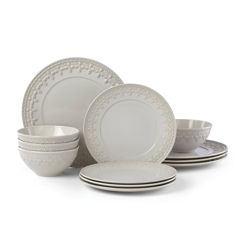 Lenox Chelse Muse gray ironstone dinnerware set with floral rim plates and bowls