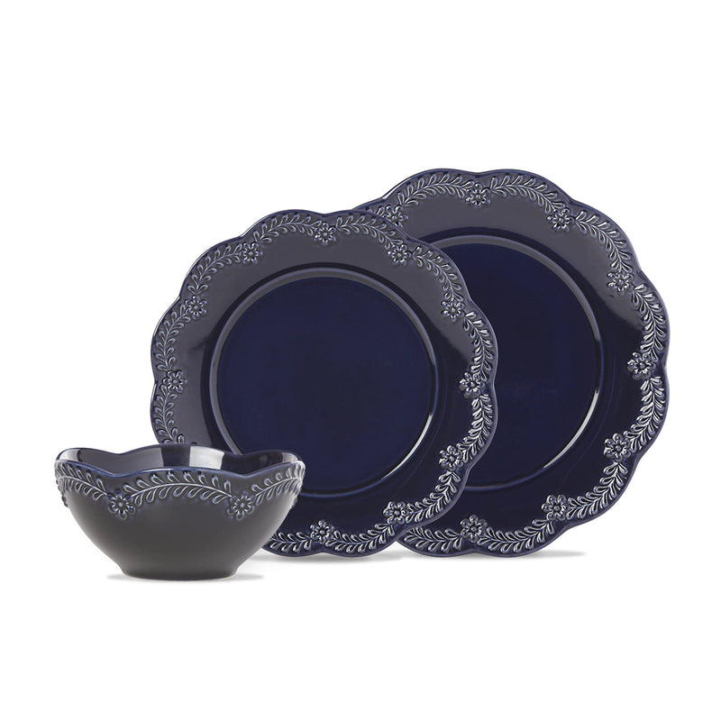 Lenox navy dinnerware set with floral scroll trim; plates and serving bowl
