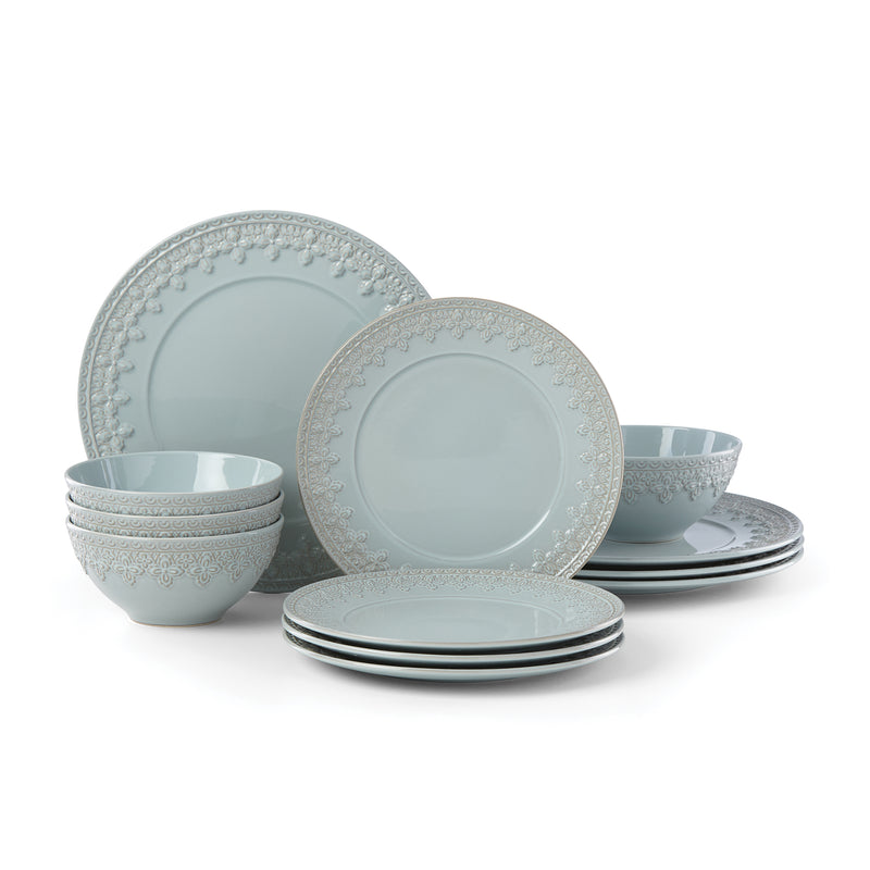Lenox blue ironstone dinnerware set with fleur-pattern trim, plates and bowls