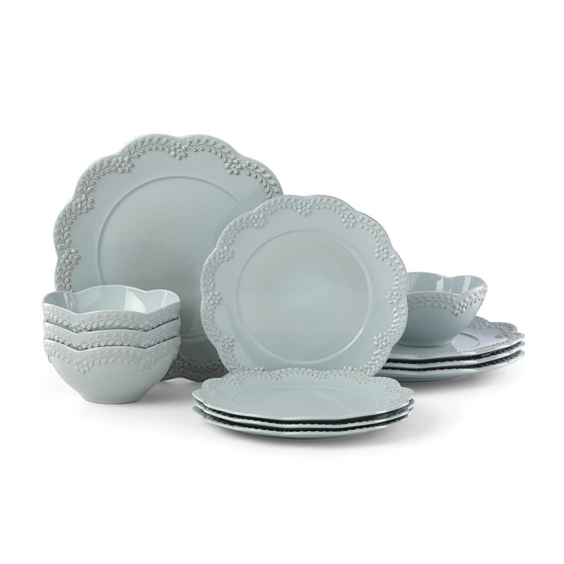 Lenox Chelse Muse blue ironstone dinnerware set with scalloped floral rims, plates and bowls