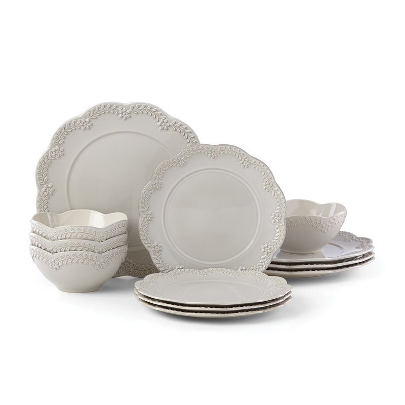 Lenox Chelse Muse ironstone dinnerware set, gray floral border plates and bowls