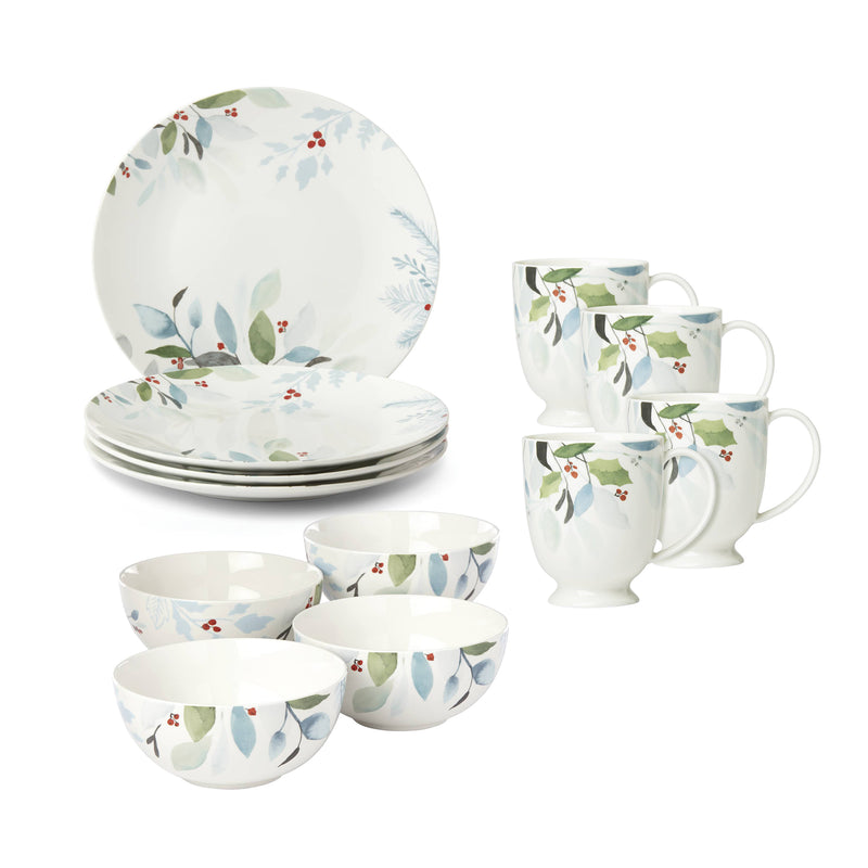 Lenox Frosted Pines dinnerware set with plates, bowls, and mugs; pine and berry pattern