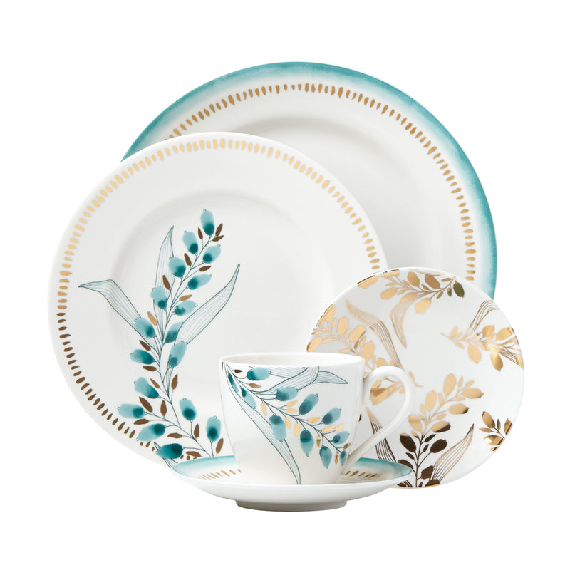 Lenox Goldenrod 5-piece ceramic place setting, teal botanical floral with gold rim